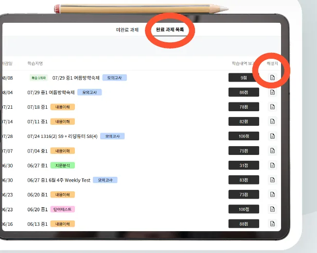 완료 과제 목록과 첨삭리포트 화면