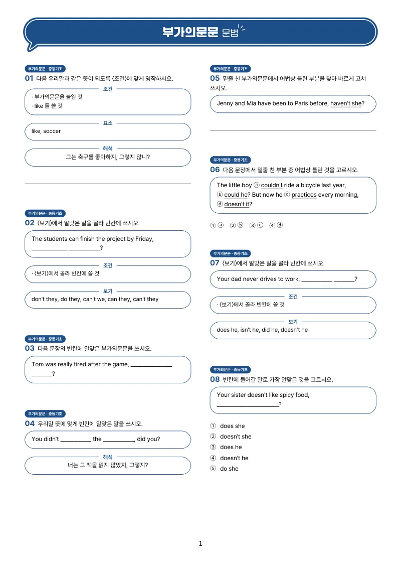 지인에듀 문법뱅크 부가의문문 문제 예시